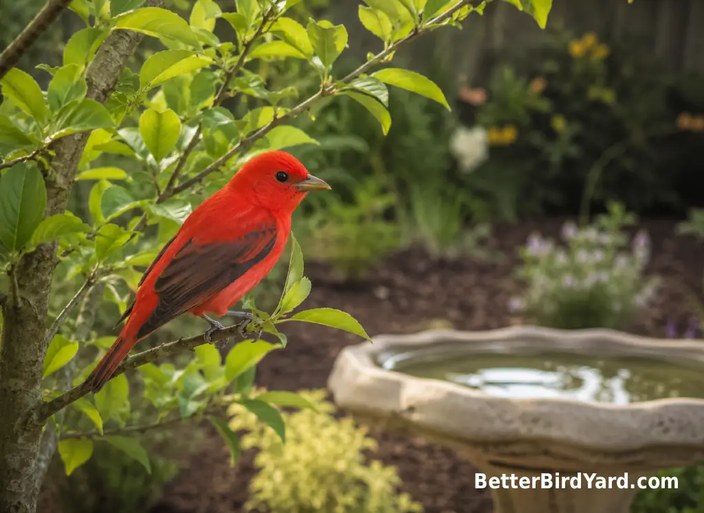 A red songbird without a crest perches in a leafy backyard tree.