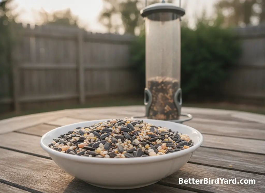 A small bowl of mixed birdseed sits beside a clean tube feeder on a backyard patio table.