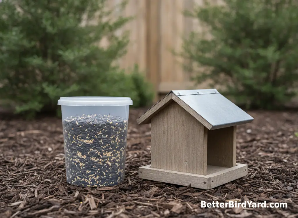 A clear container of birdseed sits near a hopper feeder in a small mulched backyard bed.