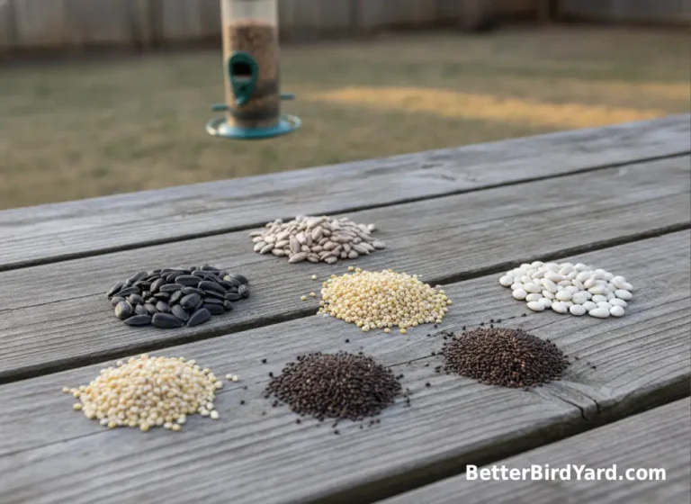 Several small piles of common bird seeds are arranged on a weathered outdoor table.