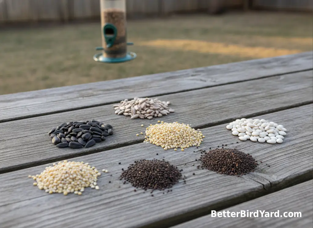 Several small piles of common bird seeds are arranged on a weathered outdoor table.