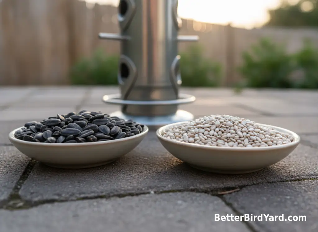 Black oil sunflower seeds and pale safflower seeds are shown in two small dishes near a feeder.
