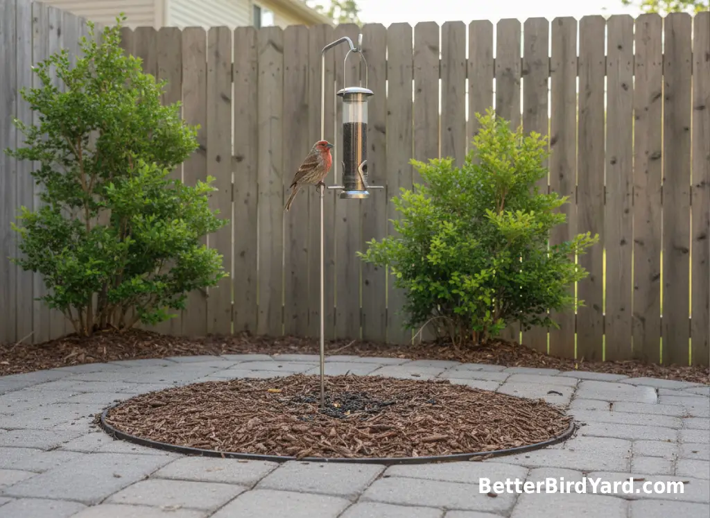 A compact patio bird feeding station holds a clean tube feeder above a small mulched bed.