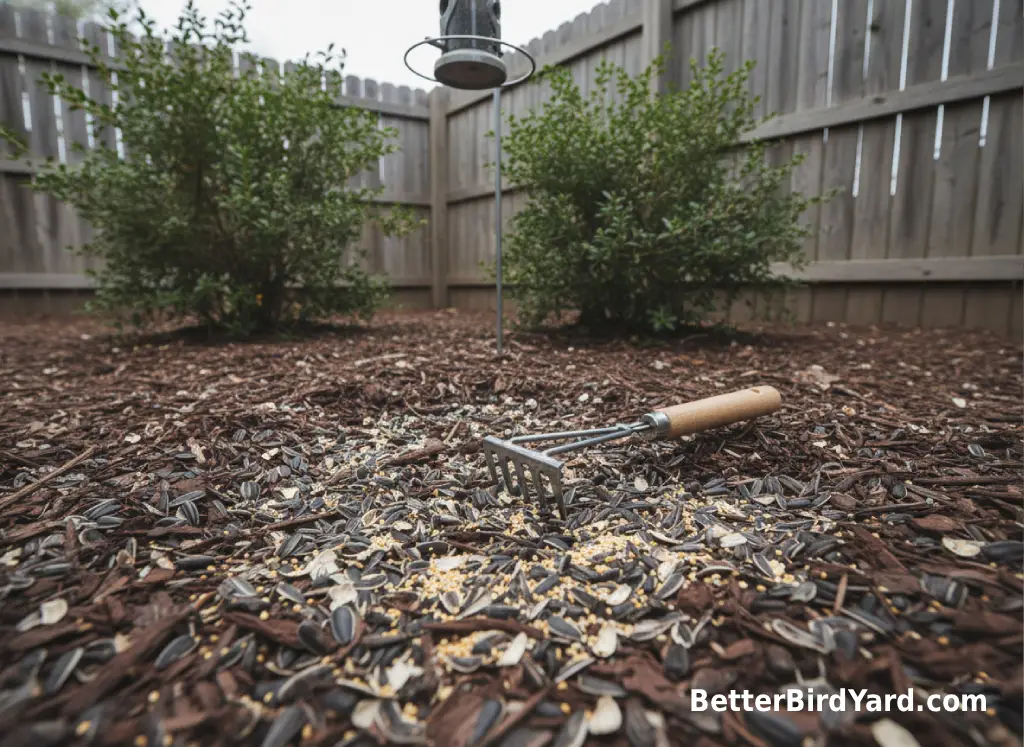 Scattered seed hulls sit below a backyard feeder on mulch near a small hand rake.
