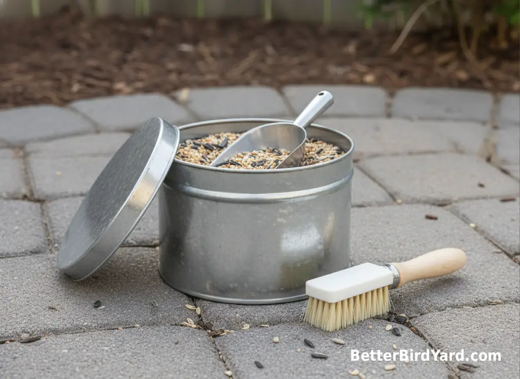 A metal storage container for birdseed sits closed beside a clean feeder brush on a patio.