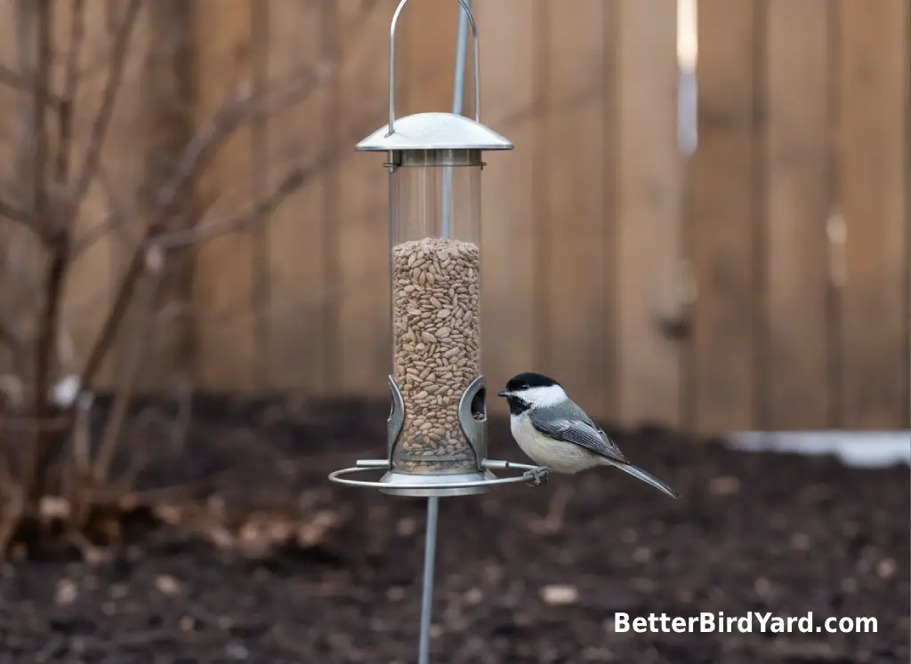A covered tube feeder hangs in gentle winter daylight above a tidy mulched bed.