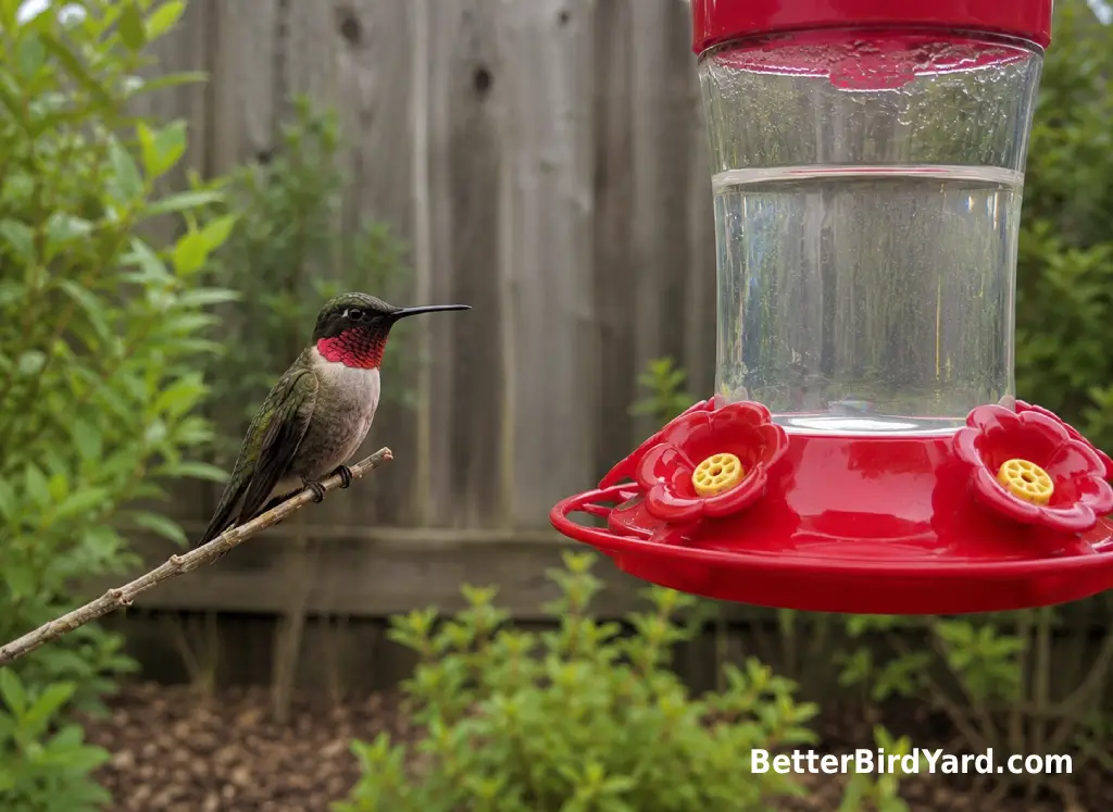 A ruby-throated hummingbird perches near a clean red feeder in a small backyard garden.