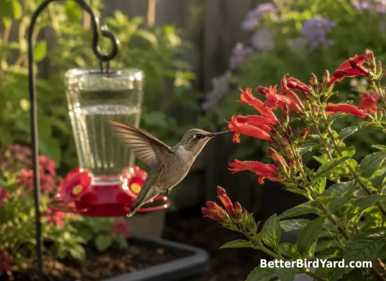A hummingbird hovers near red tubular flowers beside a simple patio feeder.