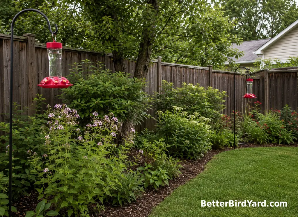 Two small hummingbird feeders hang apart in a suburban backyard with shrubs and a wooden fence.