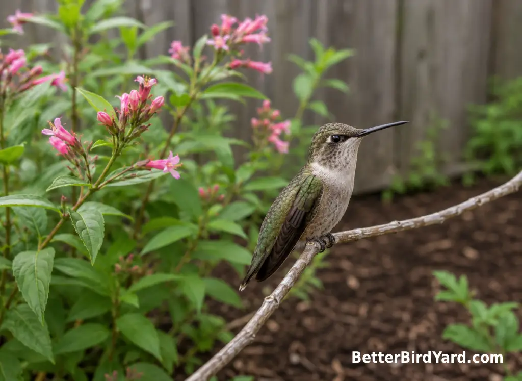 A female hummingbird perches on a thin branch beside a flowering shrub in a backyard bed.