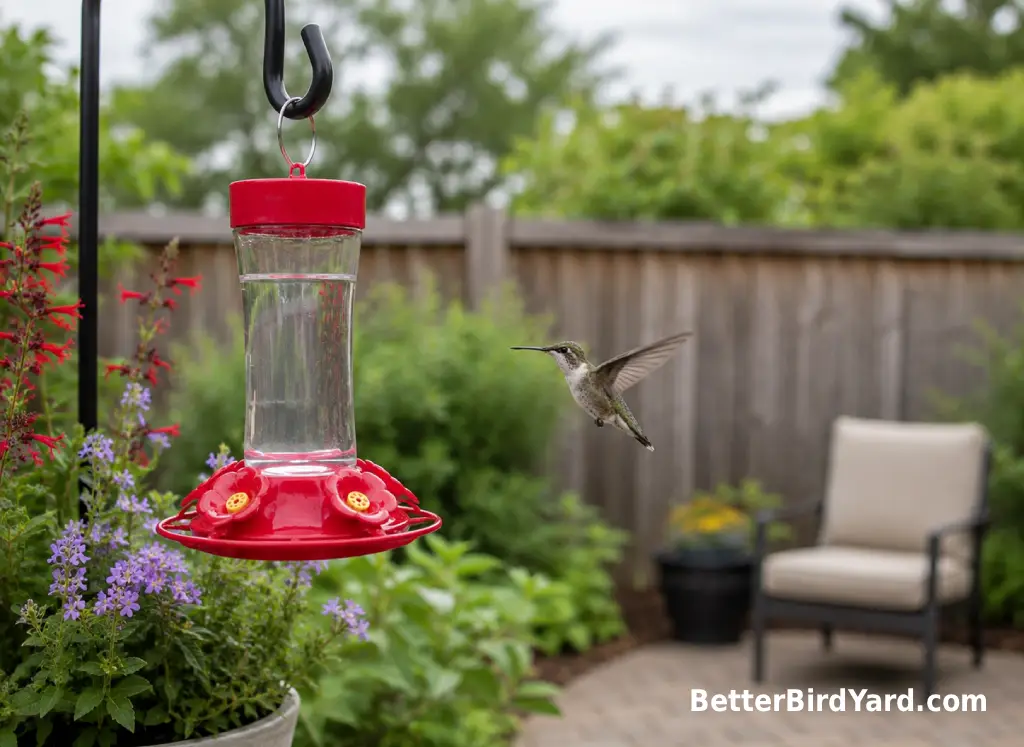 A hummingbird hovers near a porch feeder with a patio chair blurred in the background.