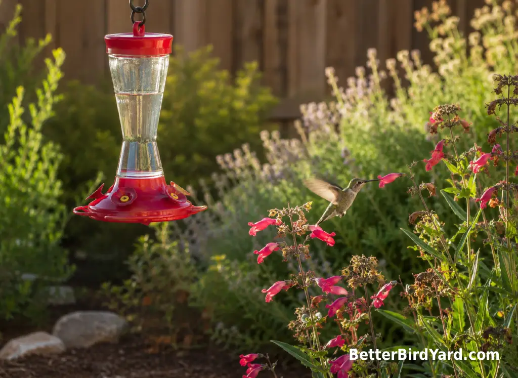 A clean hummingbird feeder hangs beside late-summer flowers in a suburban garden.