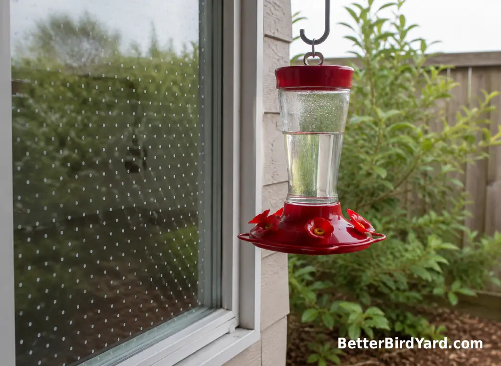 A hummingbird feeder hangs near a window with exterior dot markings and nearby shrubs.