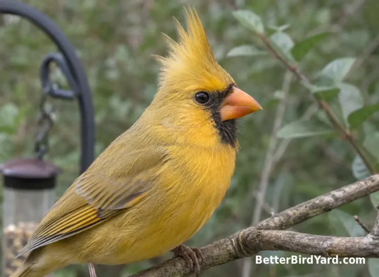A yellow cardinal-like bird shows its crest and thick bill in a close backyard view.