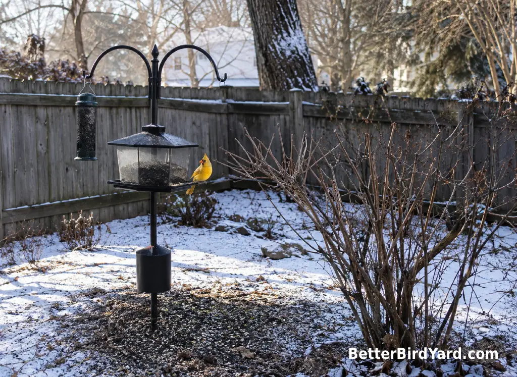 A yellow cardinal-like bird perches near a clean feeder in a quiet winter backyard.