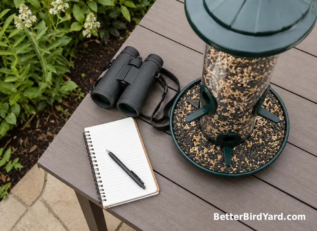 Binoculars, a notebook, and a clean feeder sit on a backyard patio table.