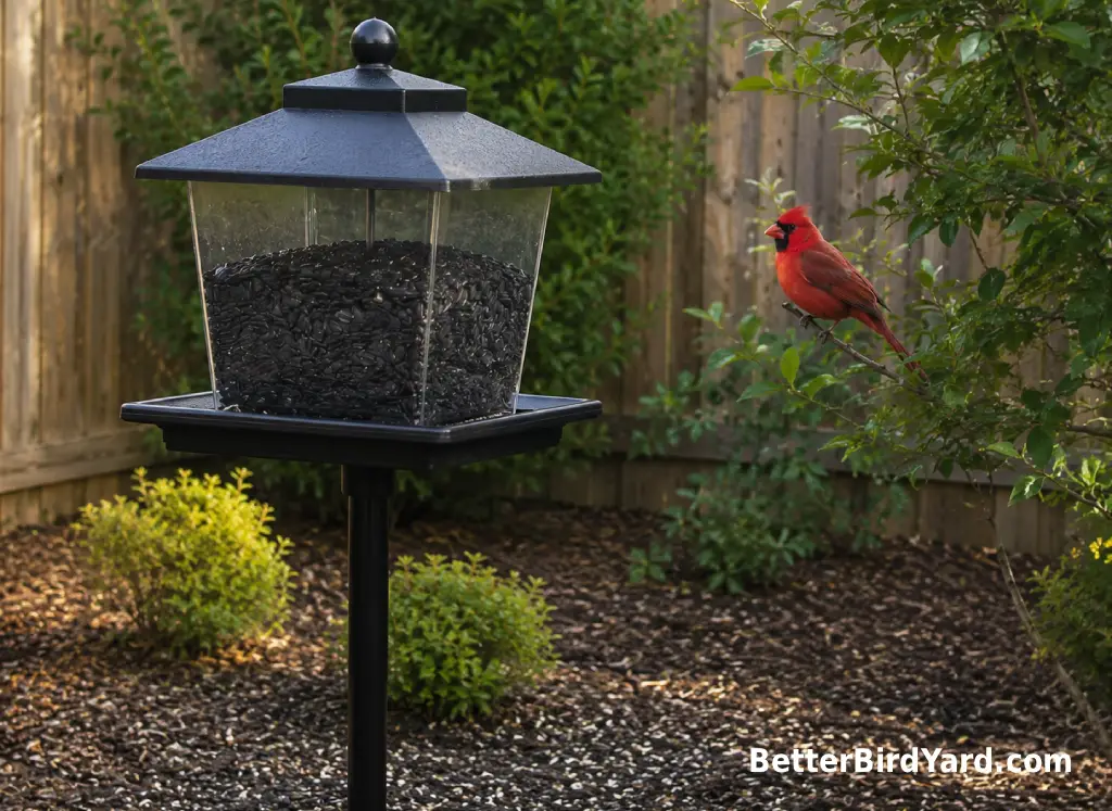 A clean hopper feeder with sunflower seed stands near shrubs in a small backyard.