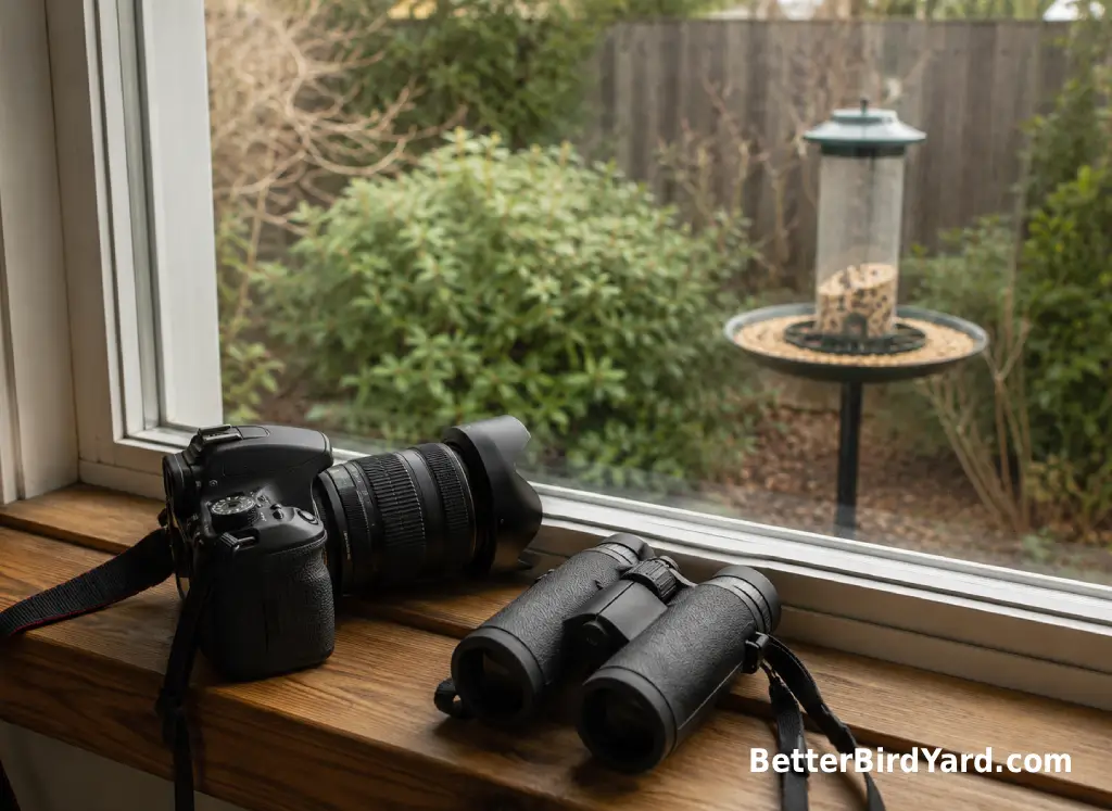 A camera and binoculars sit by a window overlooking a backyard feeder.