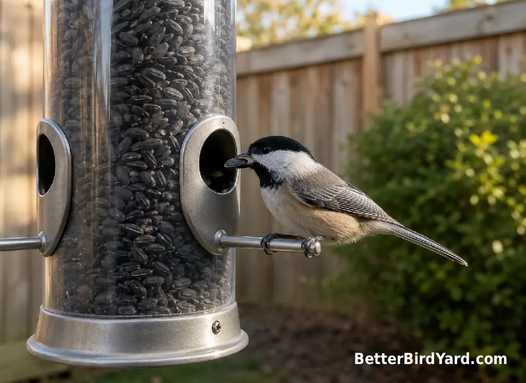 A chickadee takes a black oil sunflower seed from a clean tube feeder.