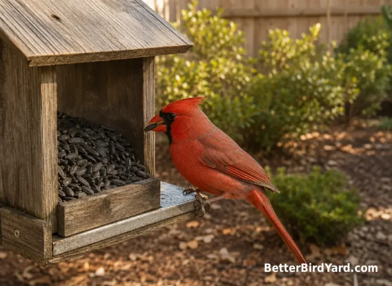 A Northern Cardinal stands on a covered feeder filled with sunflower seeds.