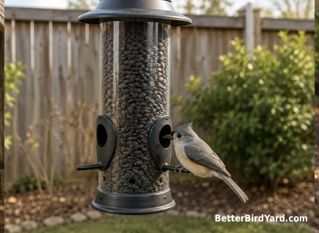 A sunflower seed feeder hangs above a clean seed tray and pole-mounted squirrel baffle.