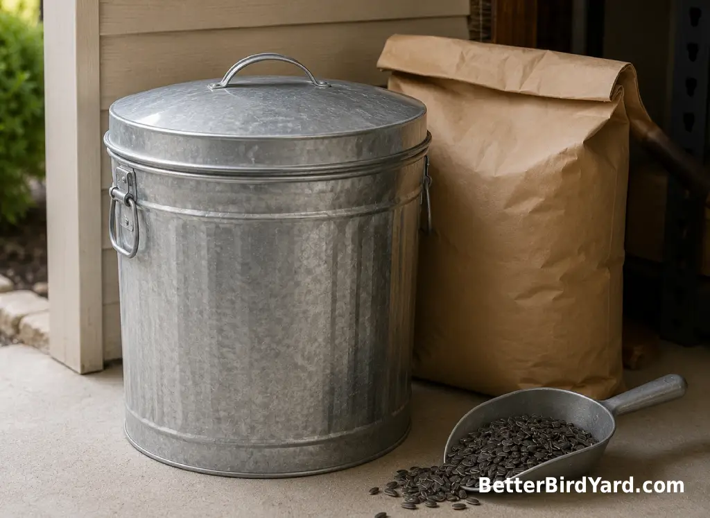 A sealed metal container stores sunflower seed beside a plain bulk seed sack.