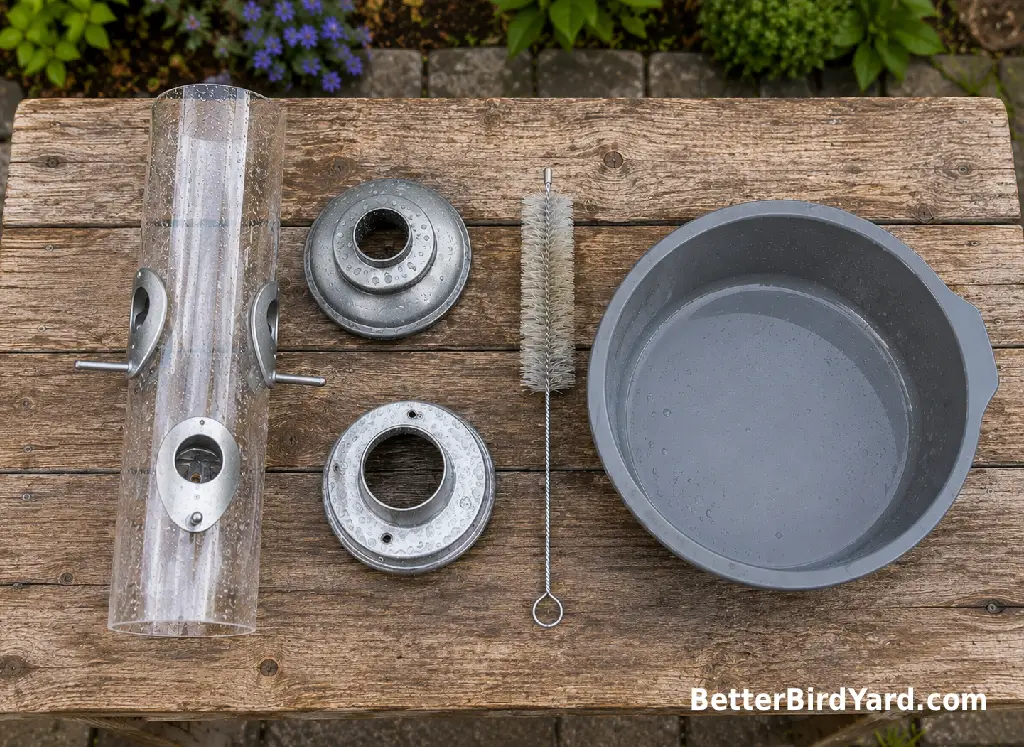 A disassembled tube feeder dries beside a cleaning brush on an outdoor table.