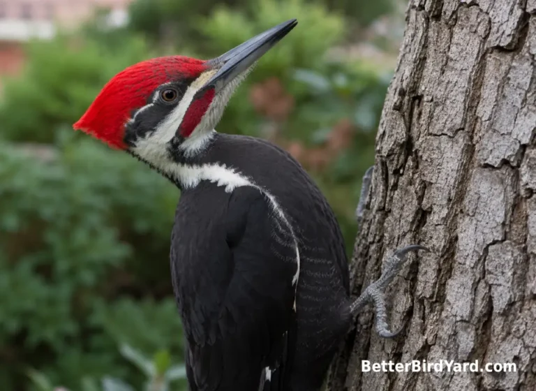 A pileated woodpecker shows its red crest and black-and-white face stripes on a tree trunk.