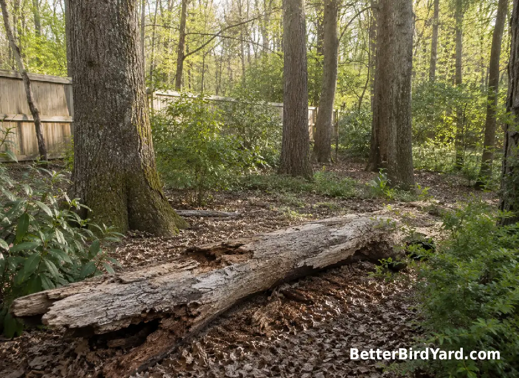 A wooded suburban backyard edge with large trees, downed wood, and native shrubs.