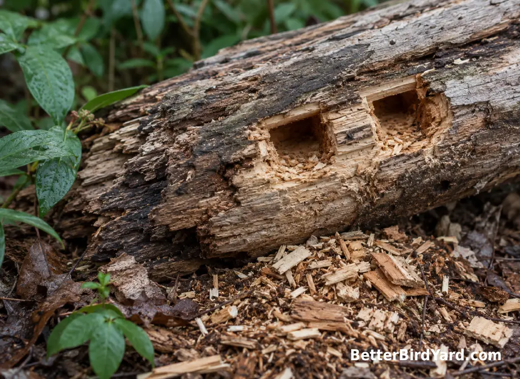 Fresh rectangular woodpecker holes and bark chips mark a dead log in a backyard wood