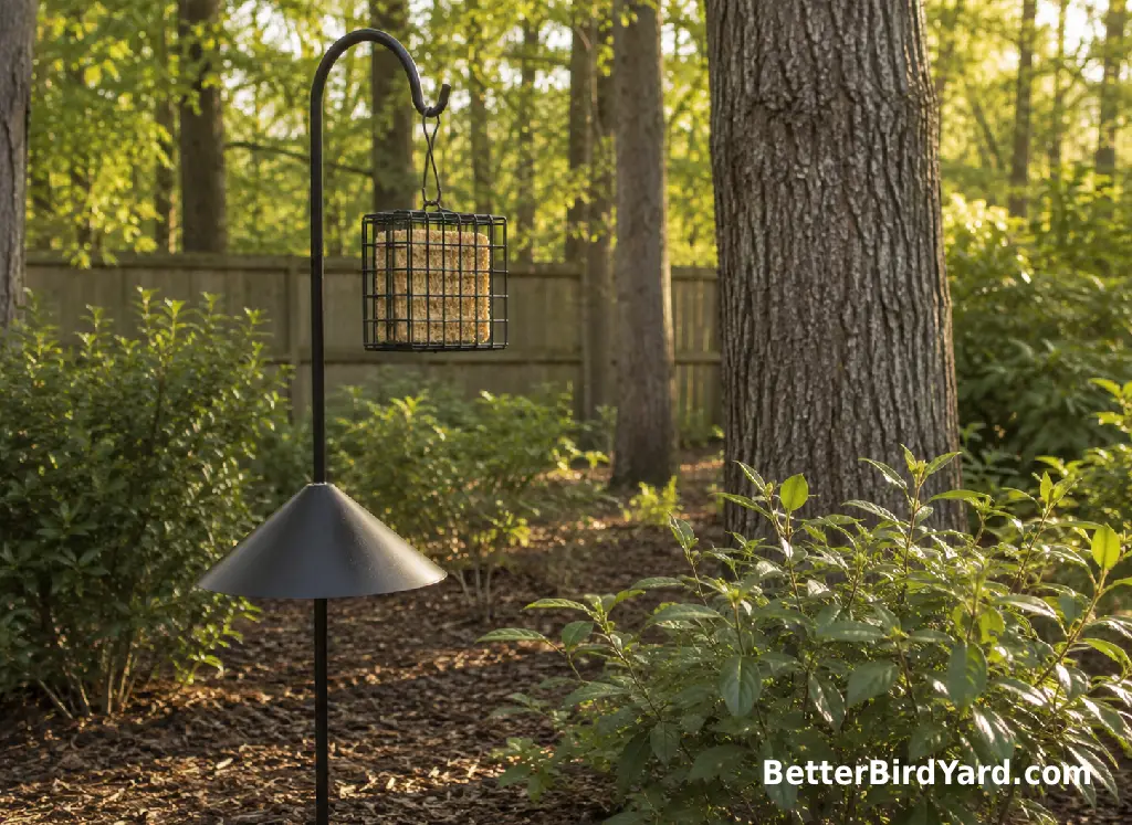 A large suet feeder hangs from a sturdy pole near mature trees in a suburban yard.