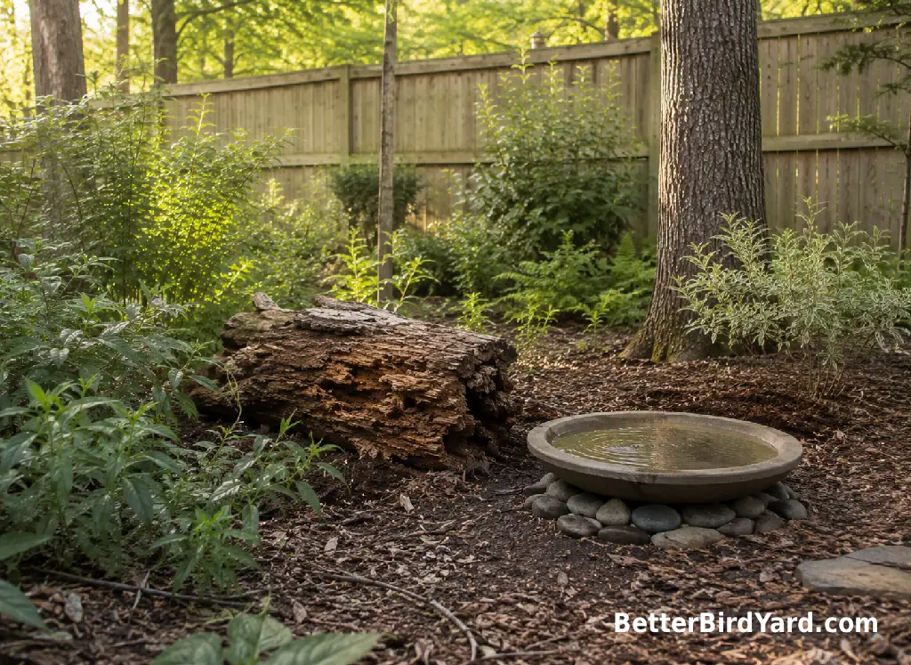 A safe backyard habitat corner includes a dead log, native shrubs, and a clean bird bath.