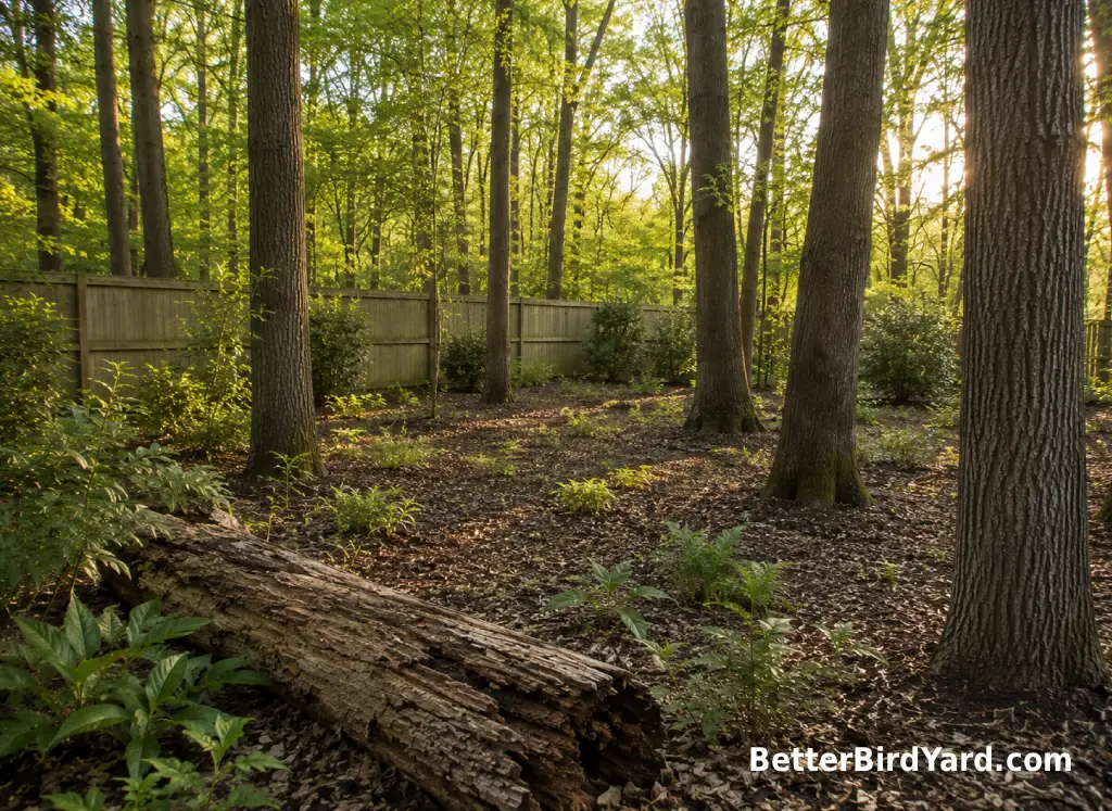A quiet wooded backyard with mature trees offers habitat for pileated woodpeckers.