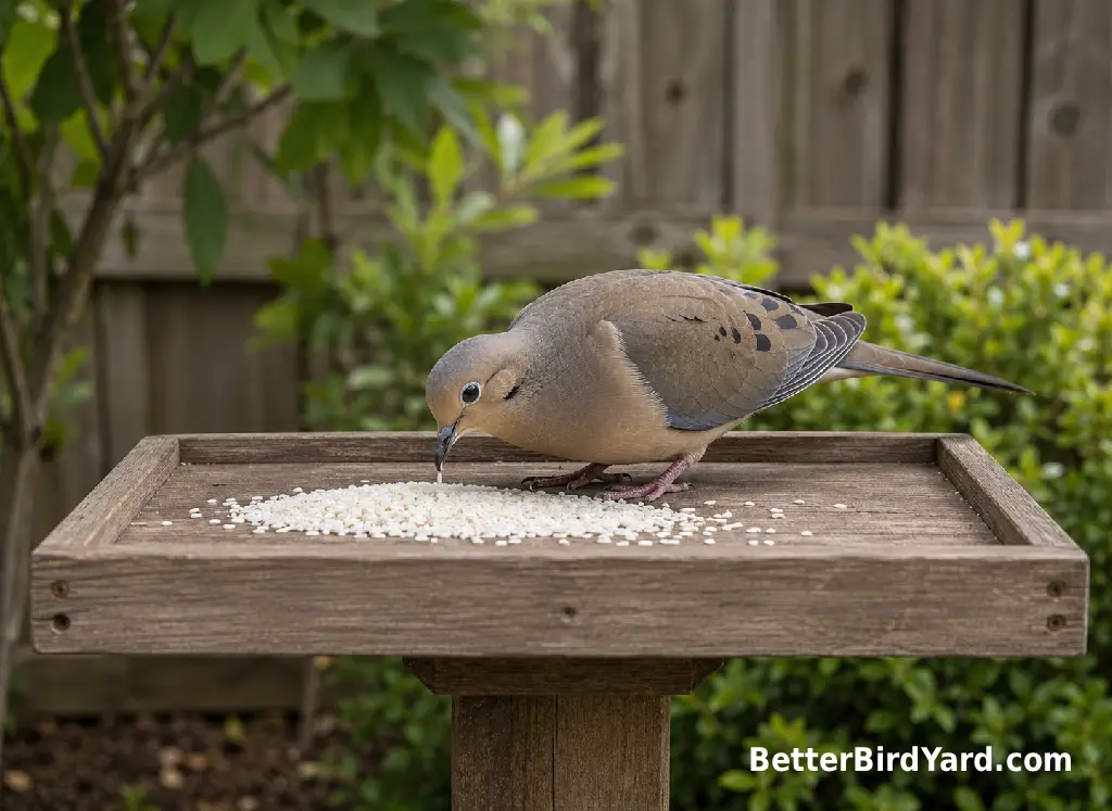 A Mourning Dove pecks at a small amount of plain rice on a clean platform feeder.