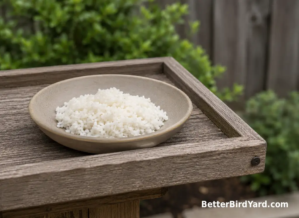 Plain cooled rice sits in a shallow ceramic dish on a clean backyard feeding tray.