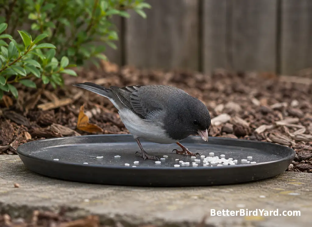 A Dark-eyed Junco eats dry rice grains from a clean low feeding tray.