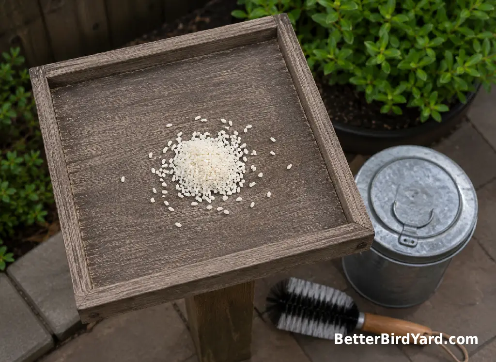 A small portion of dry rice rests on a clean platform feeder beside basic maintenance supplies.