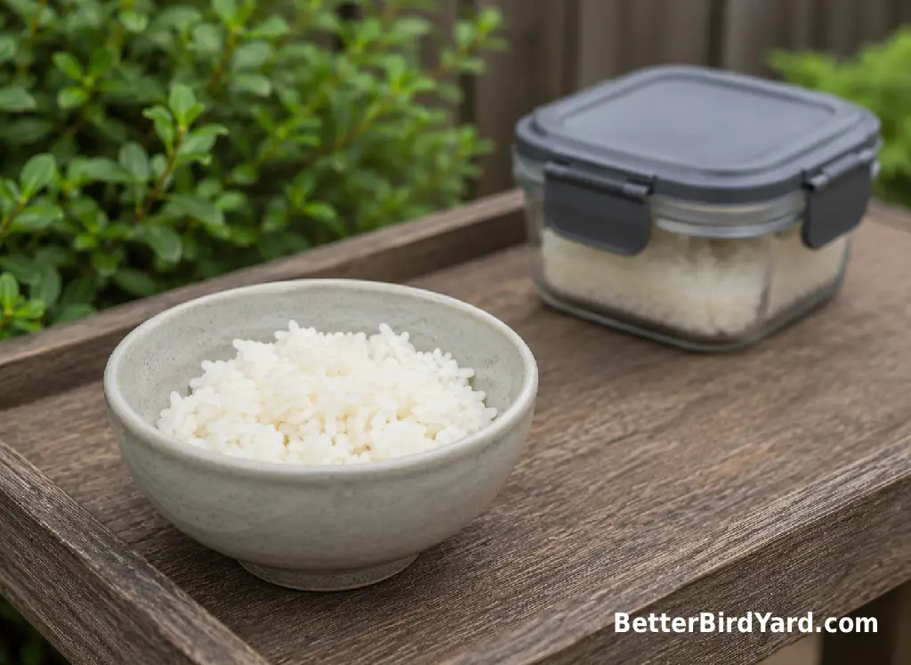 A bowl of plain rice sits on a patio feeding table with a closed food container in the background.