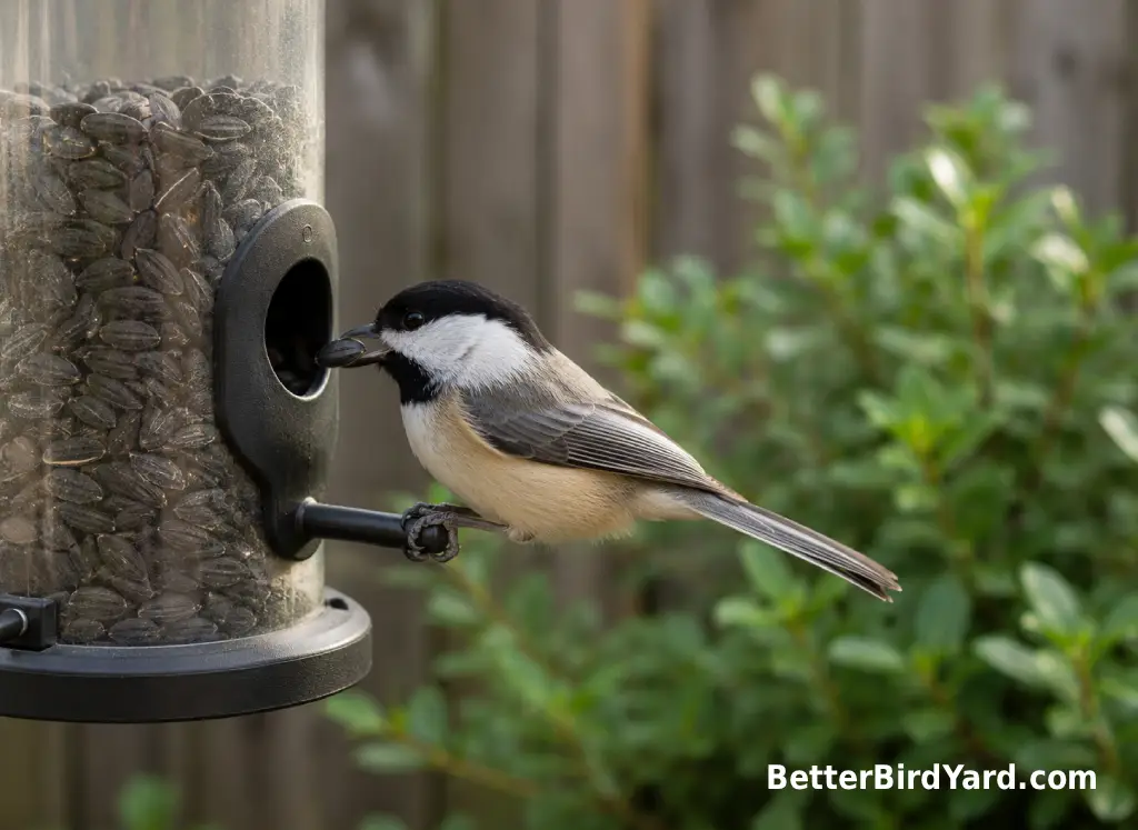 A Black-capped Chickadee takes a sunflower seed from a clean tube feeder.