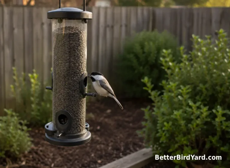 A clean tube bird feeder filled with sunflower seed hangs in a small backyard garden.