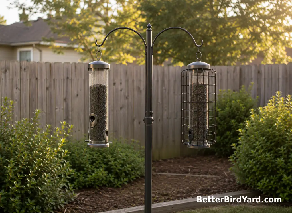 A metal tube feeder and a caged tube feeder hang from a pole in a backyard.