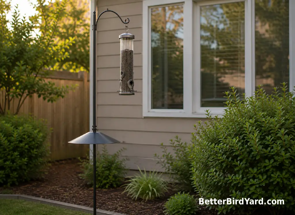 A tube feeder on a pole with a squirrel baffle stands near shrubs and a house window.