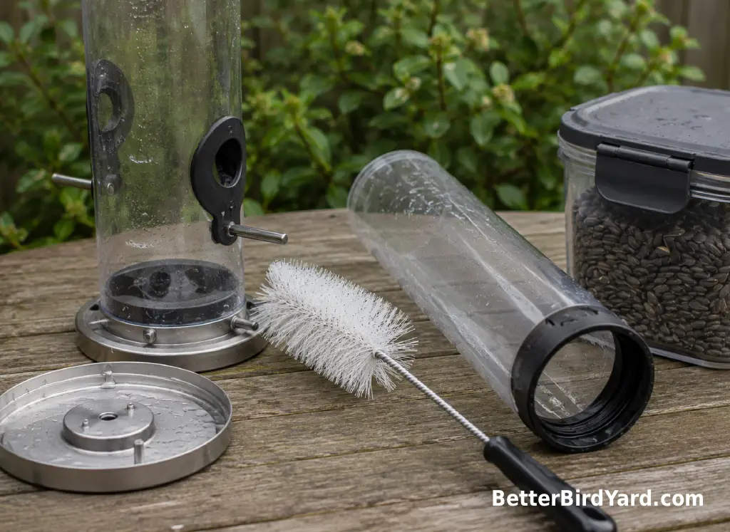 A tube feeder is disassembled for cleaning beside a brush and sealed seed container.