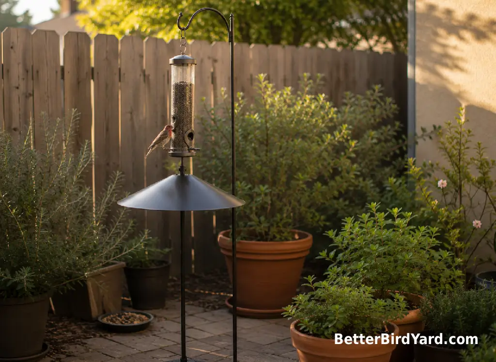 A tube feeder with a squirrel baffle stands above a small patio container garden.