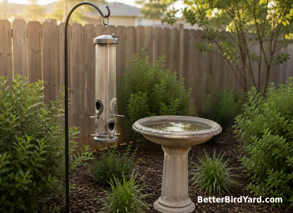A clean empty tube feeder hangs near a bird bath in a quiet backyard.