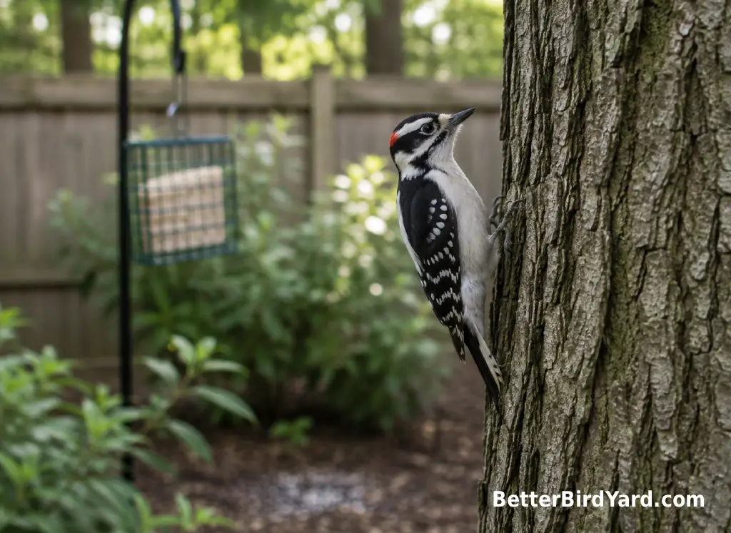 A Downy Woodpecker clings upright to a backyard tree trunk near a simple suet feeder.