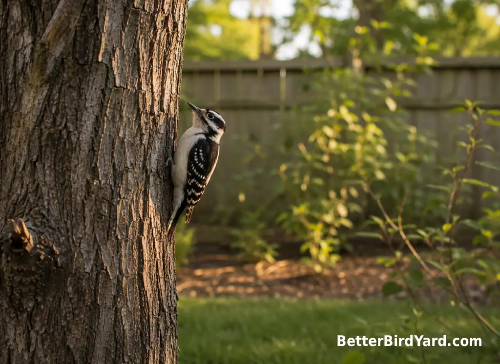 A small woodpecker perches quietly on a backyard tree near native shrubs.