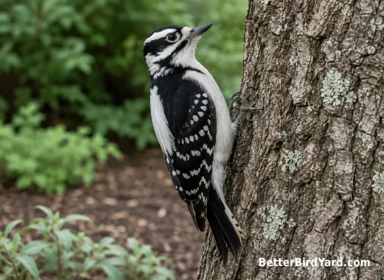 Several woodpecker identification details are visible on one bird perched on a backyard tree.