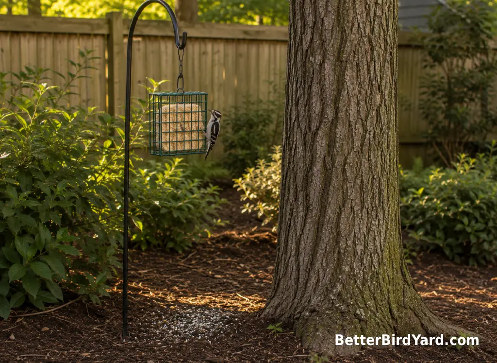 A clean suet feeder hangs near a tree where a small woodpecker can be watched from a backyard.