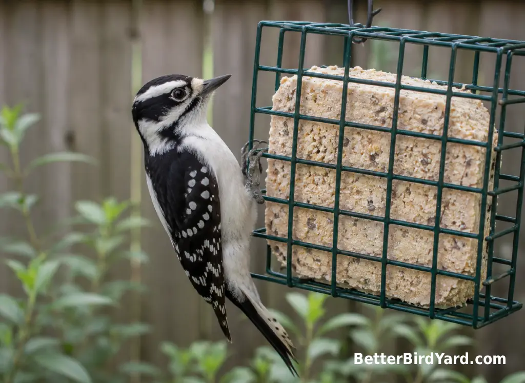 A female Downy Woodpecker without a red head patch clings to a backyard suet feeder.